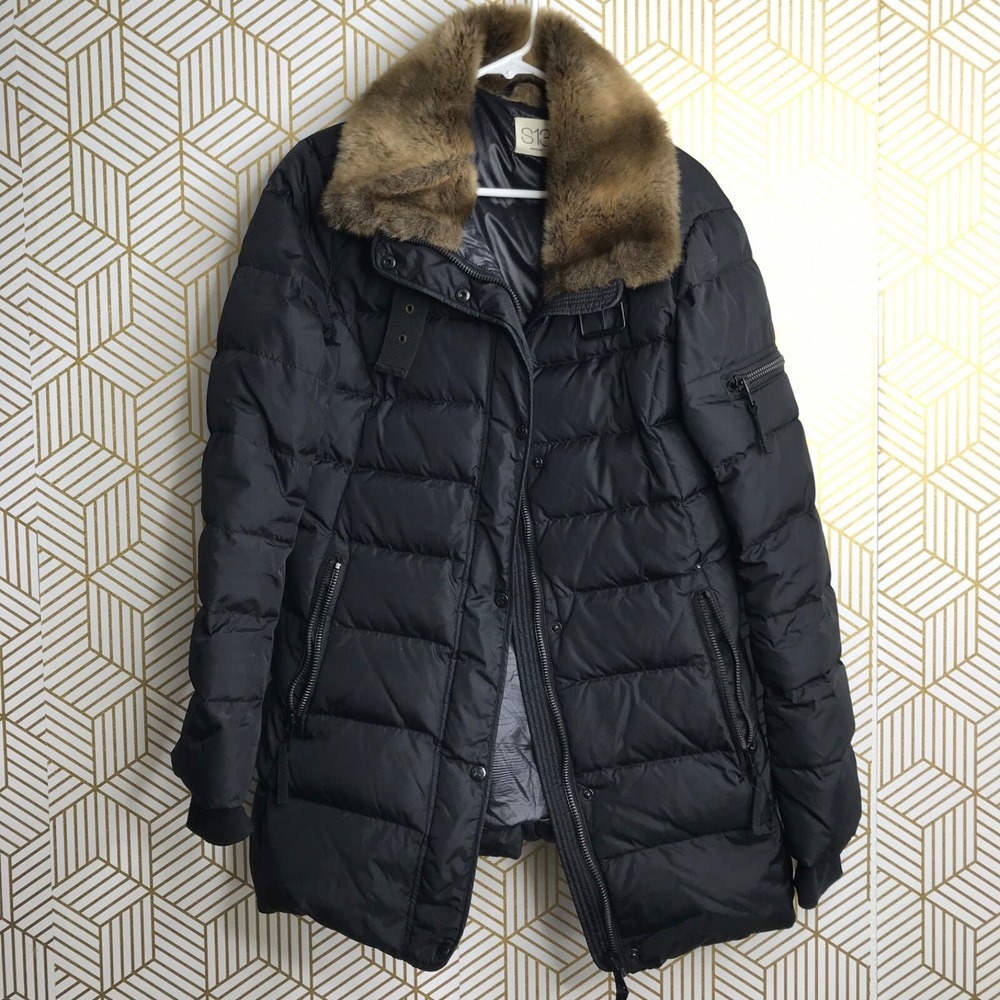S13 Womens Down Puffer Jacket Sz Large Black Faux Fur Collar Zip Front Pockets